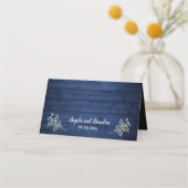 Gipskraut Rustic Wood Navy Blue Lights Hochzeit Platzkarte (Rückseite)