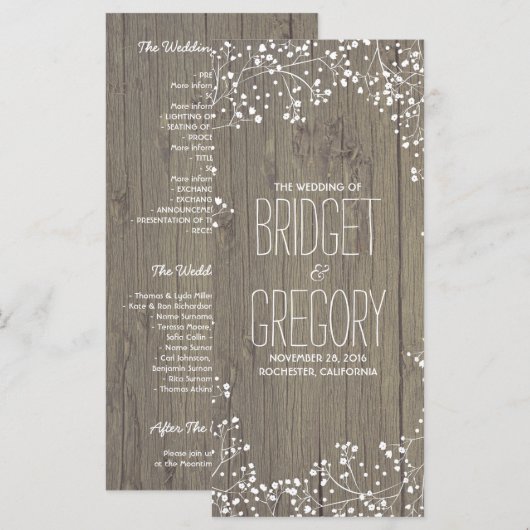 Gipskraut Rustic Wood Wedding Programme (Vorne/Hinten)
