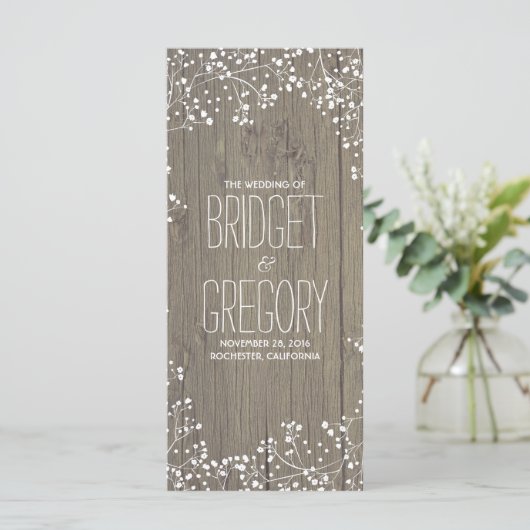 Gipskraut Rustic Wood Wedding Programme (Stehend Vorderseite)