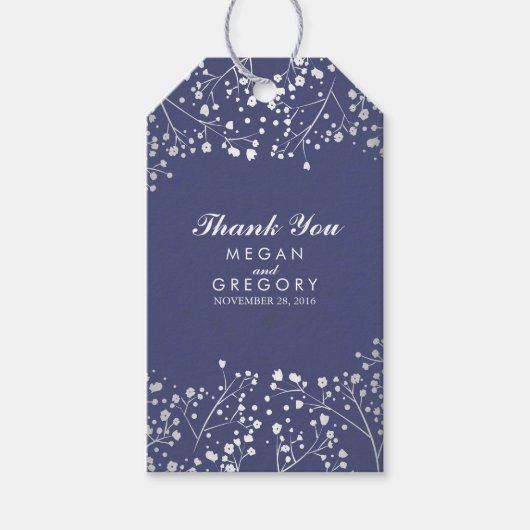 Gipskraut Silver and Navy Wedding Geschenkanhänger (Vorderseite)