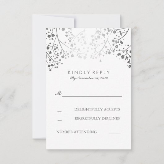 Gipskraut Silver Floral Wedding RSVP Cards Karte (Vorderseite)