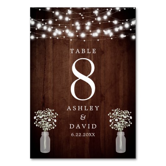 Gipskraut String Lights Elegante Hochzeit Tischnummer (Vorderseite)