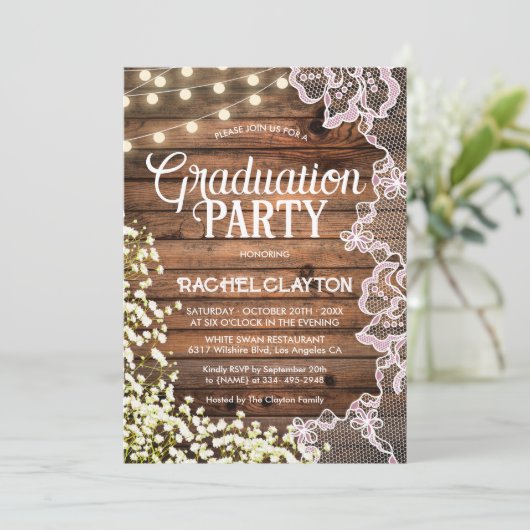 Gipskraut String Lights & Lace Abschluss Einladung (Stehend Vorderseite)