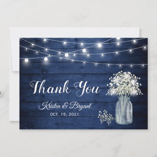 Gipskraut String Lights Navy Blue Wood Wedding Dankeskarte (Vorderseite)