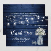 Gipskraut String Lights Navy Blue Wood Wedding Dankeskarte (Vorne/Hinten)