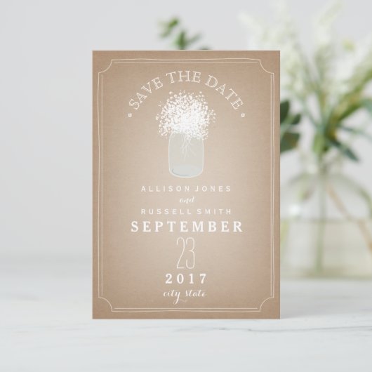 Gipskraut- und Mason-JAR-Kartenbestand Inspiriert Save The Date (Stehend Vorderseite)