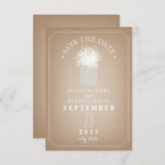 Gipskraut- und Mason-JAR-Kartenbestand Inspiriert Save The Date (Vorne/Hinten)