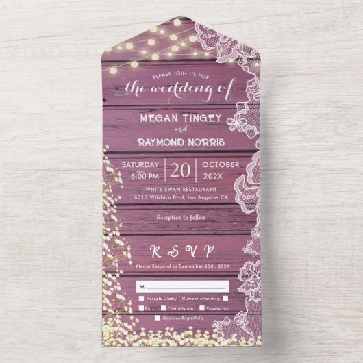 Gipskraut- und String-Lights Holz Lila All In One Einladung (Innen Boden)