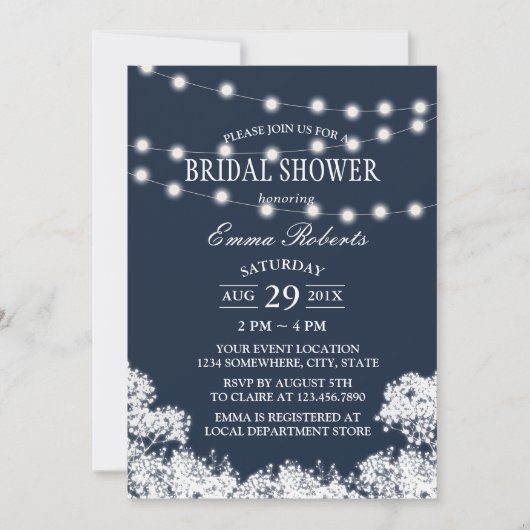Gipskraut- und String-Lights Navy-Brautparty Einladung (Vorderseite)