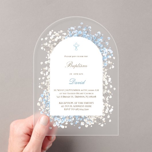 Gipskraut White Blue Baby Boy Taufe Acryleinladungen (Insitu (Handheld))