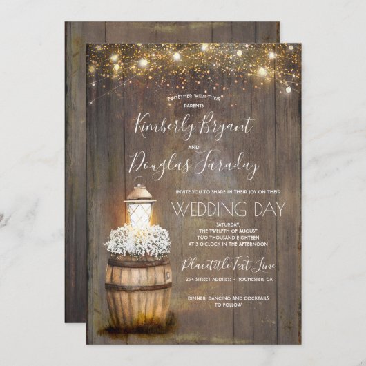 Gipskraut Wine Barrel Rustic Lantern Wedding Einladung (Vorne/Hinten)