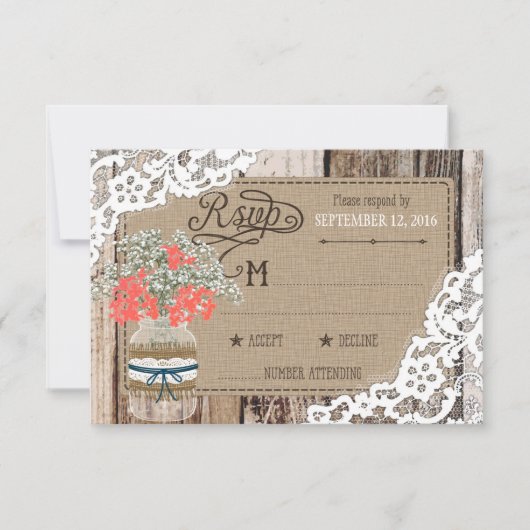 Gipskraut Wood Lace Rustic RSVP Card Karte (Vorderseite)