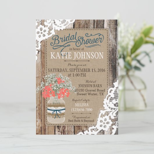 Gipskraut Wood Lace Rustikales Brautparty Einladung (Stehend Vorderseite)