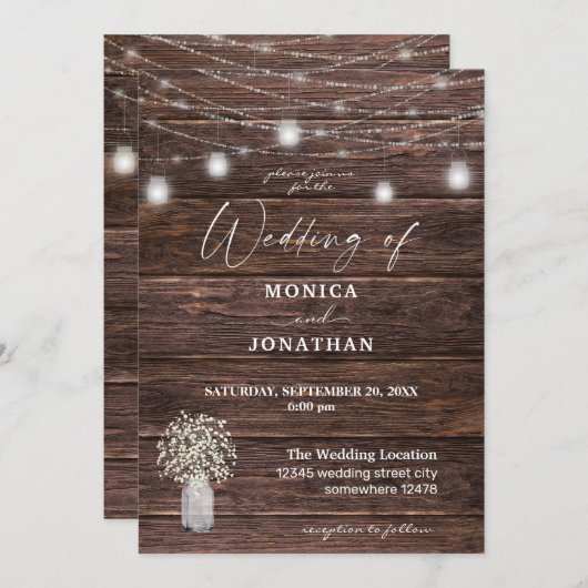 Gipskraut Wood & Mason Jar String Lights Einladung (Vorne/Hinten)