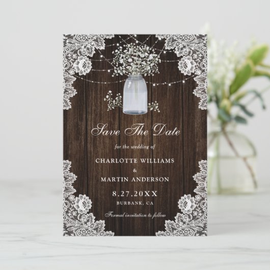 Gipskraut Wood Mason Jar String Lights Hochzeit Save The Date (Stehend Vorderseite)