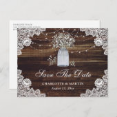 Gipskraut Wood Mason Jar Wedding speichern das Dat Ankündigungspostkarte (Vorne/Hinten)