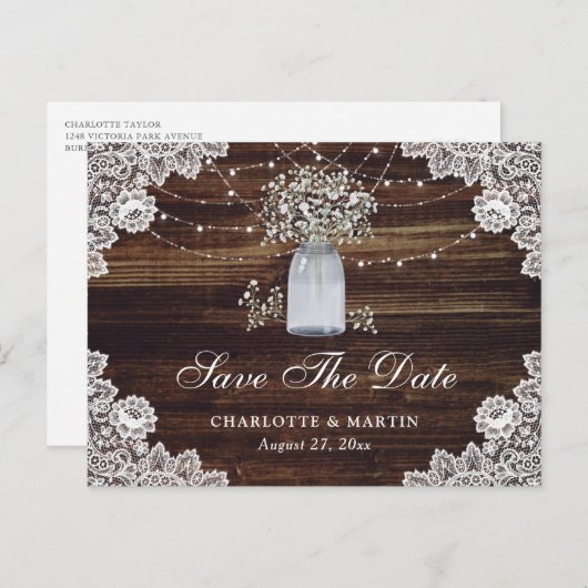 Gipskraut Wood Mason Jar Wedding speichern das Dat Ankündigungspostkarte (Vorne/Hinten)