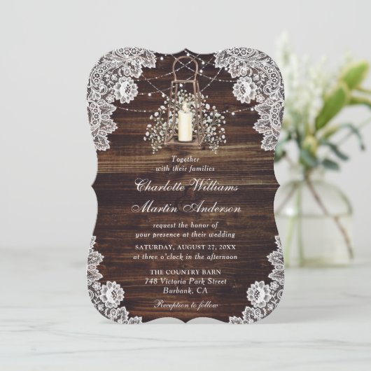 Gipskraut Wood String Lights Lantern Wedding Einladung (Stehend Vorderseite)