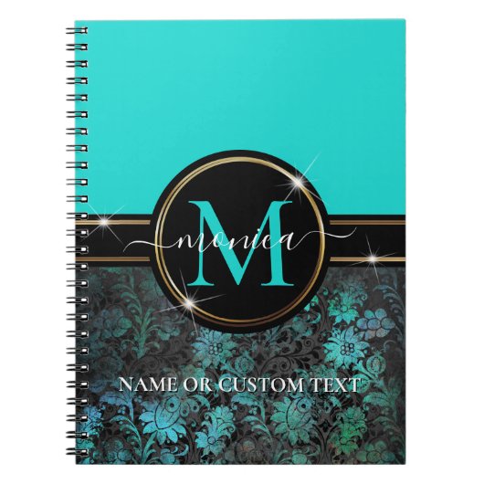 Gira Aqua Blue Grunge Damask Gold Frame Monogram Notizblock (Vorderseite)