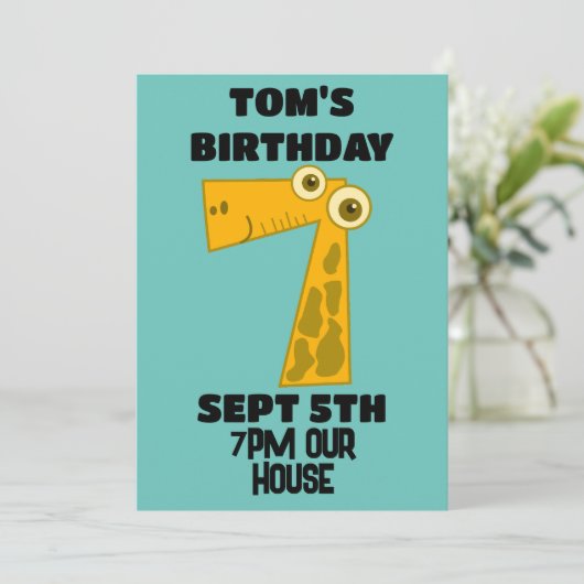 GIRAFFE 7. GEBURTSTAG EINLADUNG (Stehend Vorderseite)
