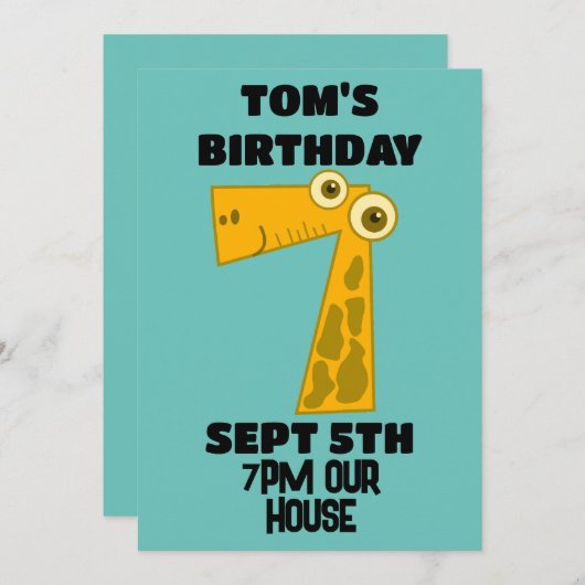 GIRAFFE 7. GEBURTSTAG EINLADUNG (Vorne/Hinten)