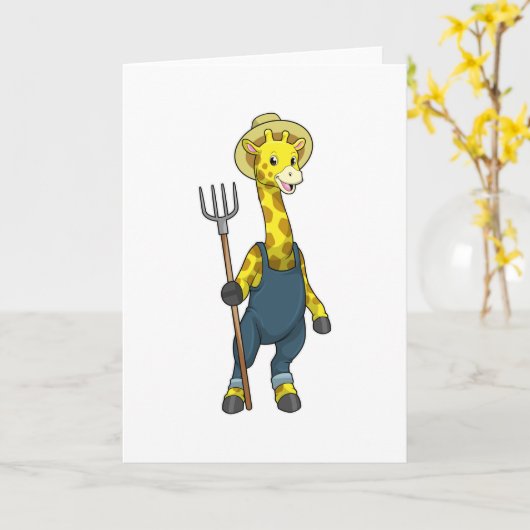 Giraffe als Bauer mit Pitchfork Karte (Gelbe Blume)