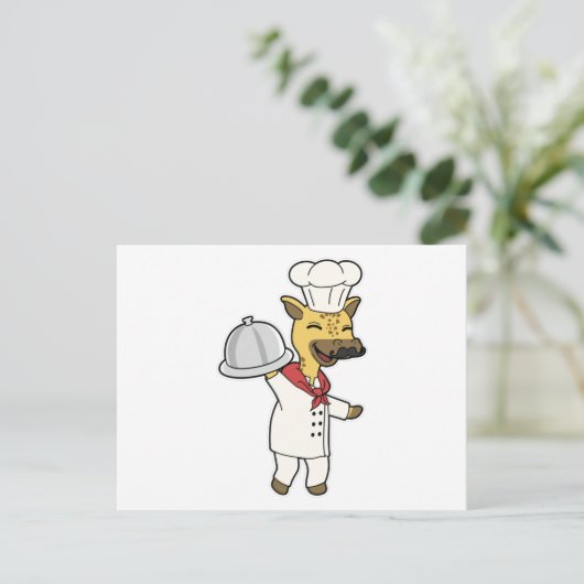 Giraffe als Koch mit Kochen Schürze & Platter Postkarte (Stehend Vorderseite)