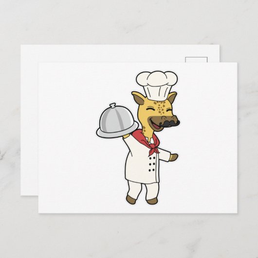 Giraffe als Koch mit Kochen Schürze & Platter Postkarte (Vorne/Hinten)