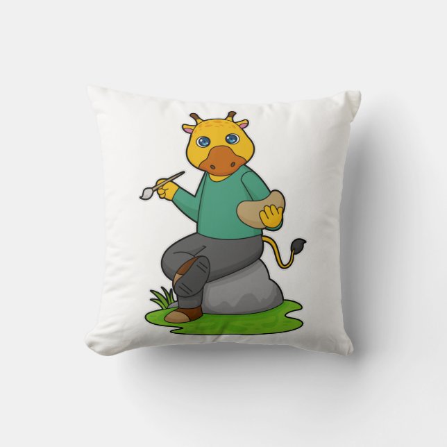 Giraffe als Maler mit Pinsel Kissen (Vorderseite)