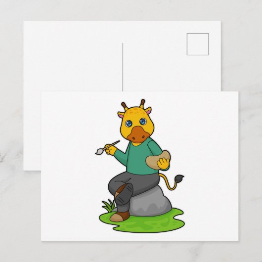 Giraffe als Maler mit Pinsel Postkarte (Vorne/Hinten)