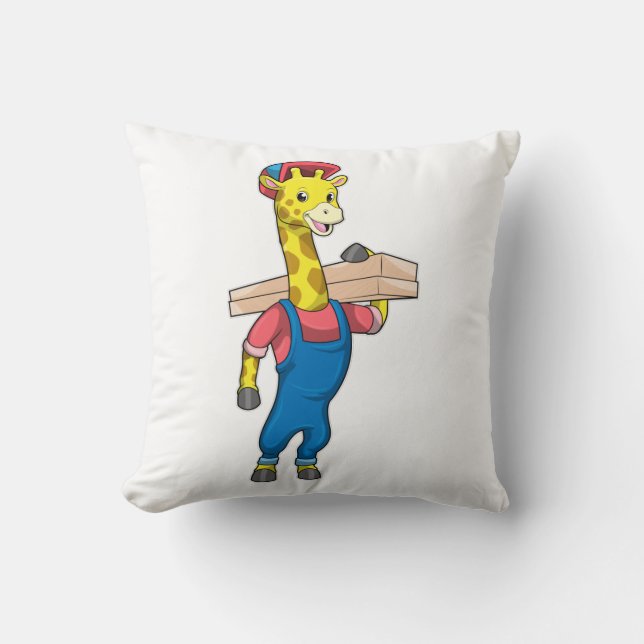 Giraffe als Tischler mit Holz Kissen (Vorderseite)