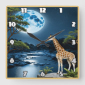 Giraffe am Fluss Moonlit unter Starlit Sky Quadratische Wanduhr (Vorderseite)