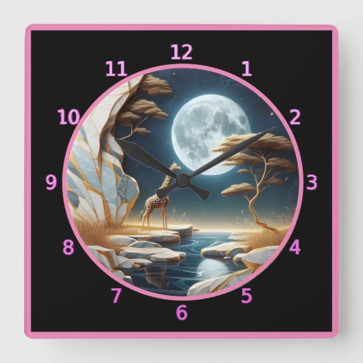 Giraffe am Mondlicht in Afrika Quadratische Wanduhr (Vorderseite)