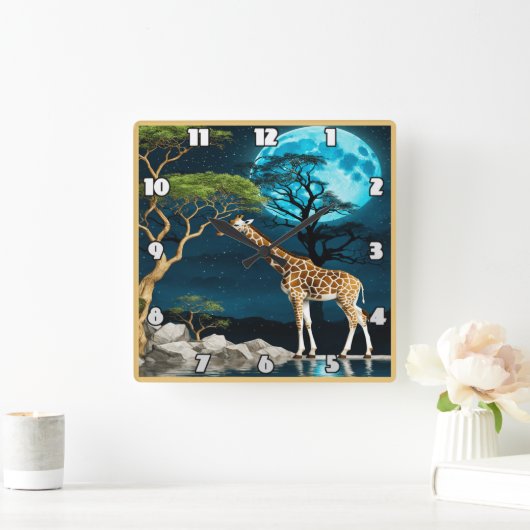 Giraffe am See Unter einer Mondnacht Quadratische Wanduhr (Zuhause)