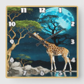 Giraffe am See Unter einer Mondnacht Quadratische Wanduhr (Vorderseite)