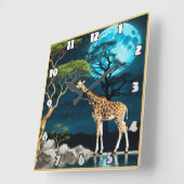 Giraffe am See Unter einer Mondnacht Quadratische Wanduhr (Winkel)