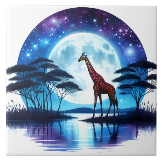 Giraffe am Serensee Unter dem Vollmond Fliese (Vorderseite)