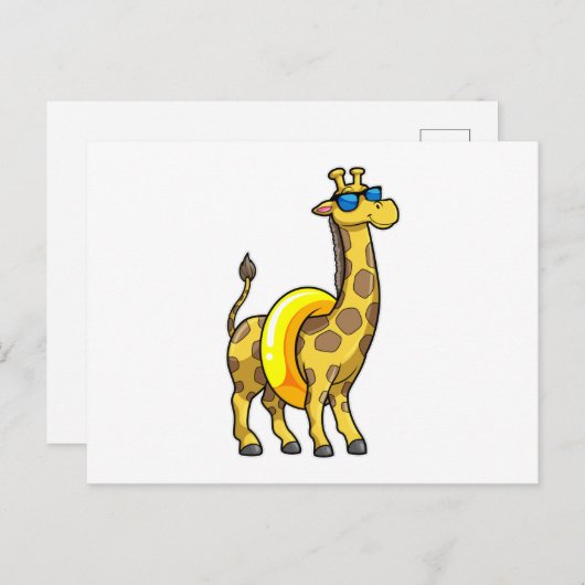 Giraffe am Strand mit Swim Ring & Sonnenbrille Postkarte (Vorne/Hinten)