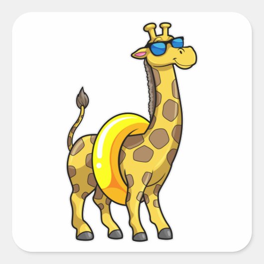 Giraffe am Strand mit Swim Ring & Sonnenbrille Quadratischer Aufkleber (Vorderseite)