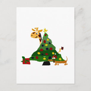 Giraffe and Dachshund by Christmas Tree Art Feiertagspostkarte