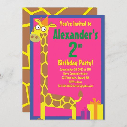 Giraffe Animal Kid's Birthday Party Einladungen (Vorne/Hinten)