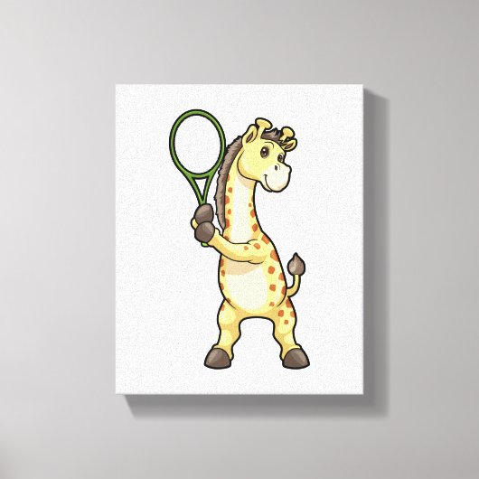 Giraffe at Tennis with Tennis racket Leinwanddruck (Vorderseite)