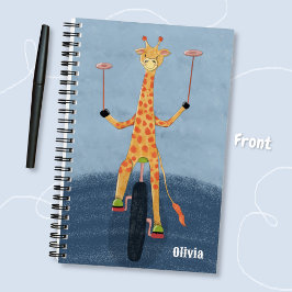 Giraffe auf Einrad Kind Blaues Spiralnotizbuch Notizblock