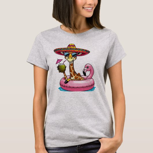Giraffe auf Flamingo-Schwimmfloß T-Shirt (Vorderseite)