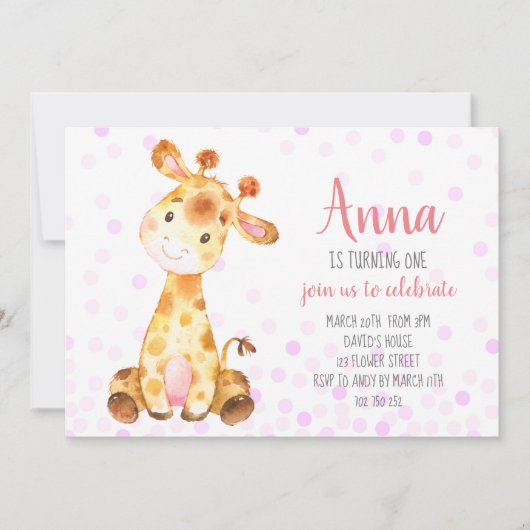 Giraffe Baby Girl Niedlich Confetti Rosa Geburtsta Einladung (Vorderseite)