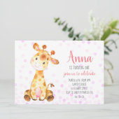 Giraffe Baby Girl Niedlich Confetti Rosa Geburtsta Einladung (Stehend Vorderseite)