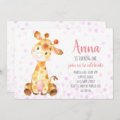 Giraffe Baby Girl Niedlich Confetti Rosa Geburtsta Einladung (Vorne/Hinten)
