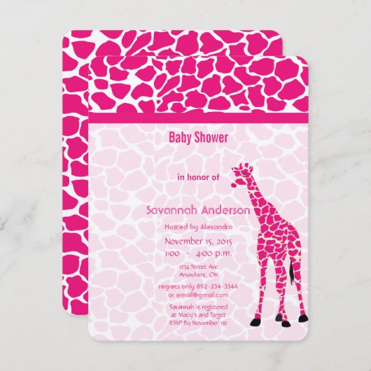 Giraffe Baby Girl PINK Moderne Pattern Baby Dusche Einladung (Vorne/Hinten)