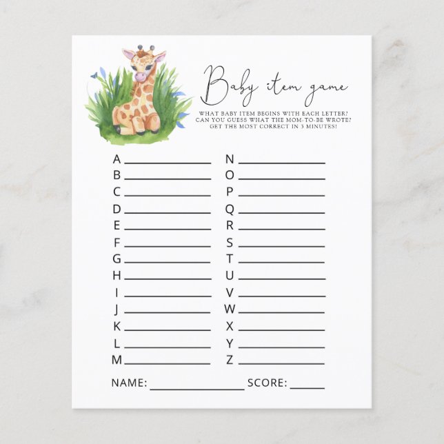 Giraffe Baby Item Game. Baby Shower Game (Vorderseite)