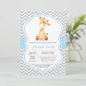 Giraffe Baby Shower Einladung Blau und Grau (Stehend Vorderseite)